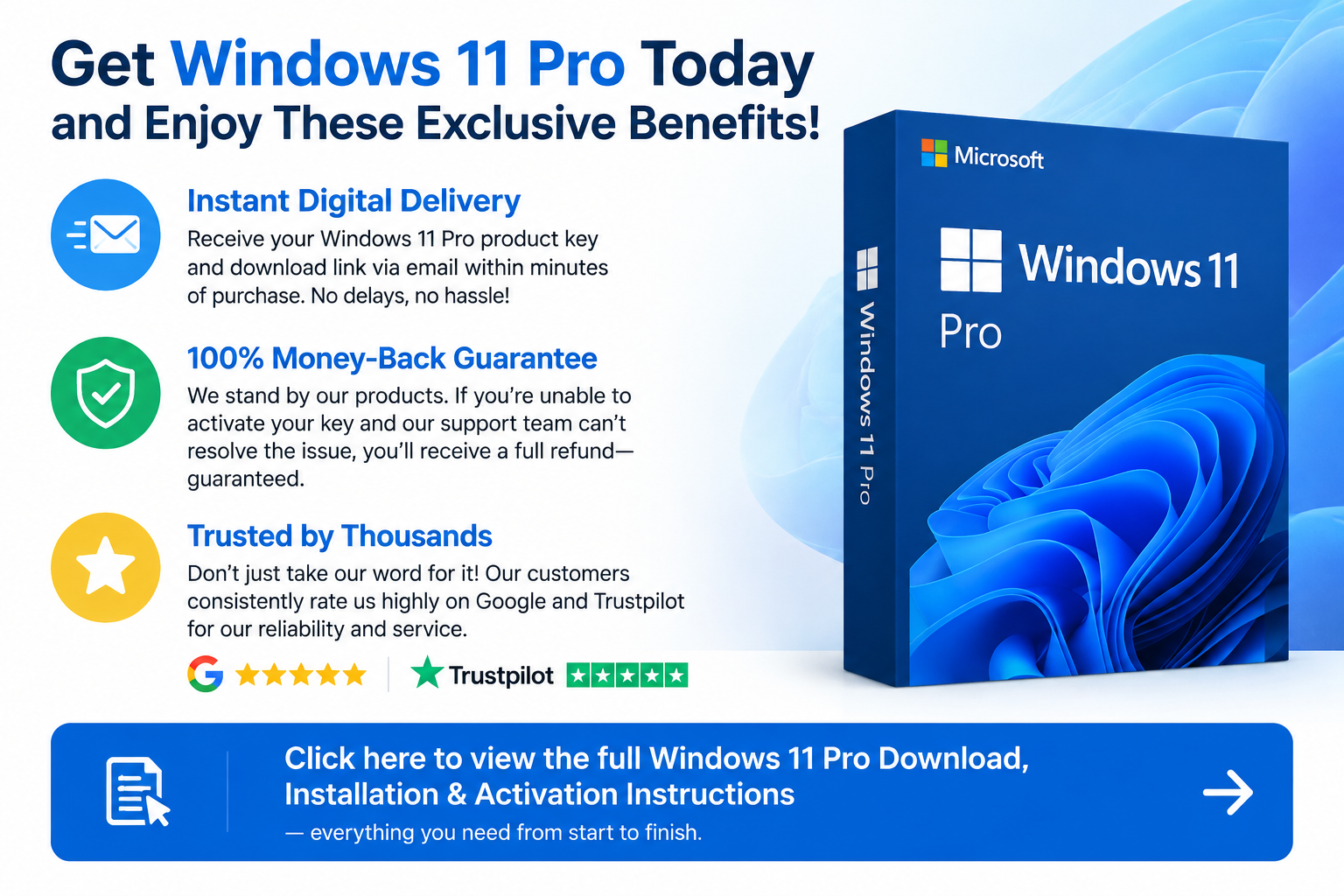 Windows 11 Pro Benefits Promotion Blue Windows 11 Pro box beside text listing instant delivery, money-back guarantee, and Google and Trustpilot ratings.